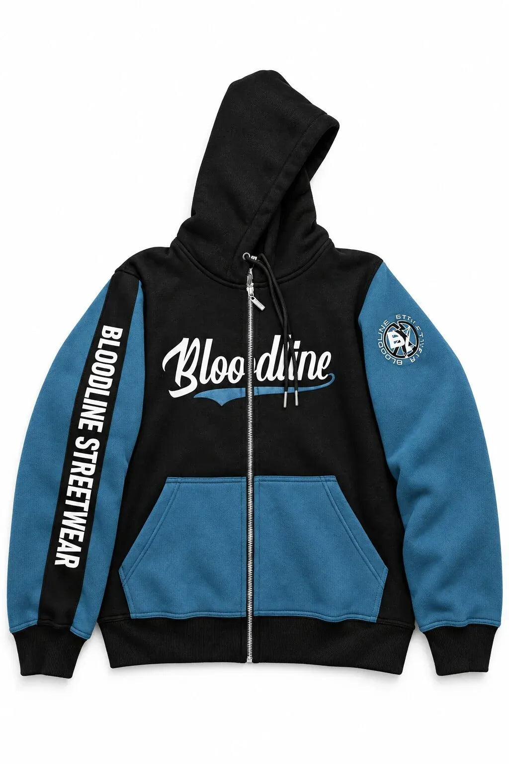 Black and blue hoodie with 'Bloodline' branding on a white background